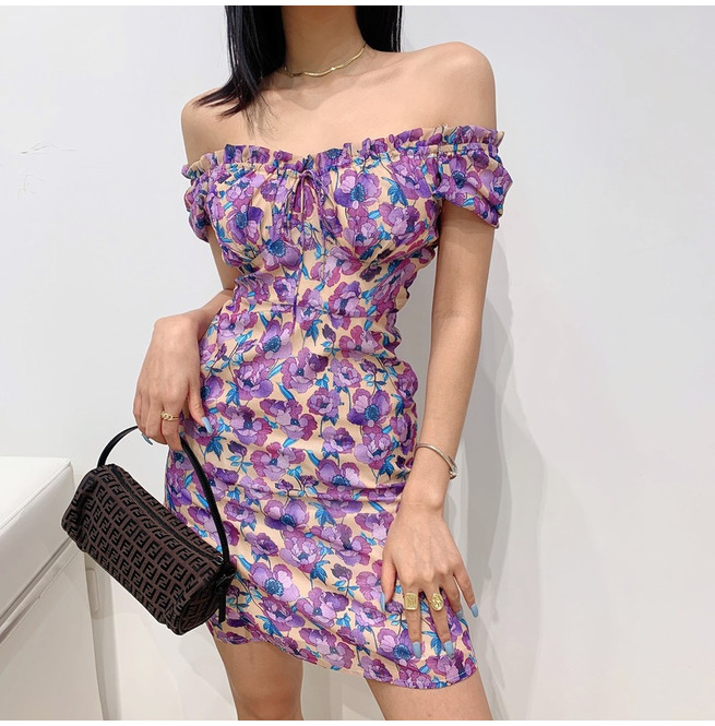 Off Shoulder Purple Floral Mini Dress 