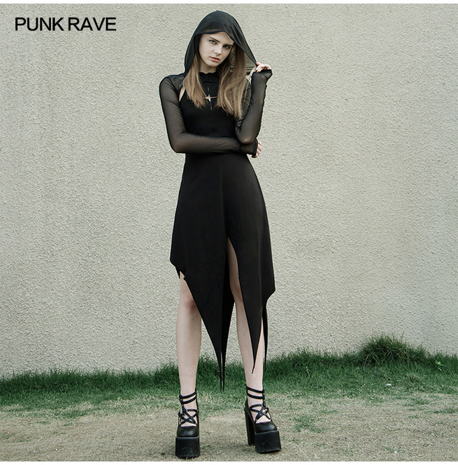 Asymmetrical Mesh Sleeves Hooded Black Dress Punk RebelsMarket