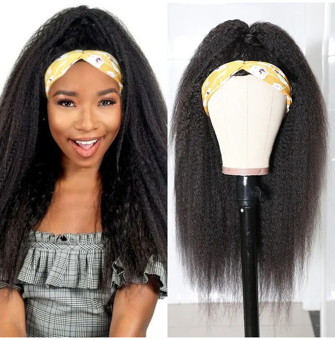 Black Kinky Straight Human Hair Headband Glue Less Wig RebelsMarket