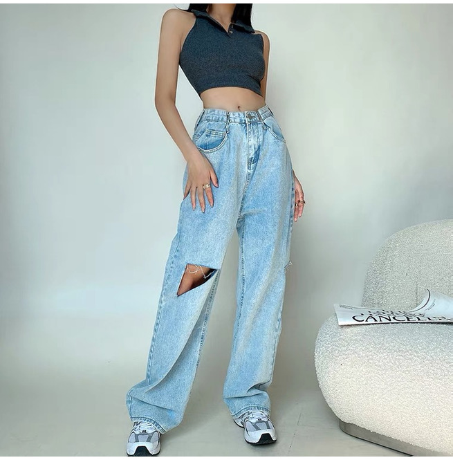Loose Fit Cut High Waist Jeans - Blue 