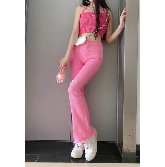 Baby Pink Y2K Frills Mid Waist Jeans 
