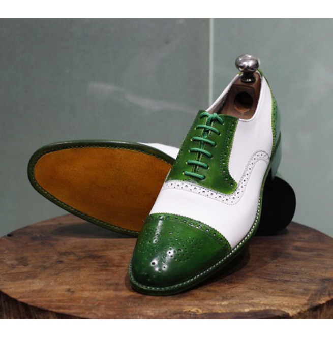 Men Two Tone Green and White Leather Brogue Shoes, RebelsMarket