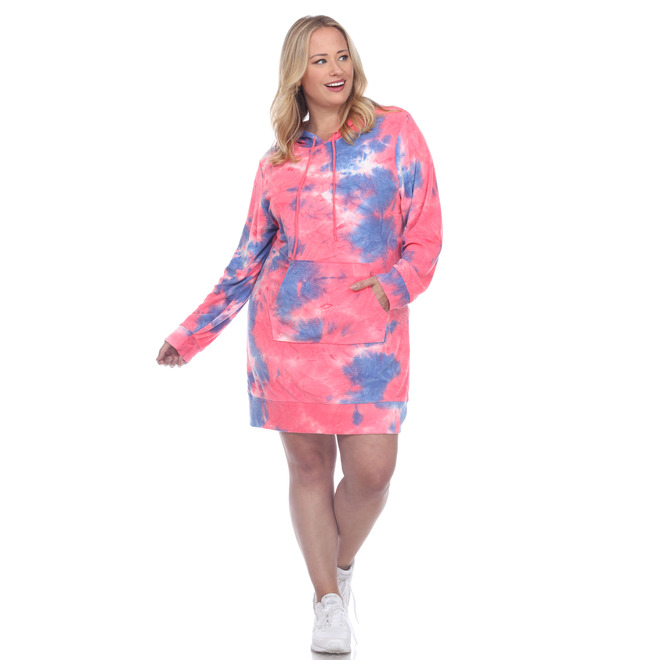 Women's Plus Size Tie Dye Fleece Hooded Dress White RebelsMarket
