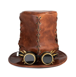 Steampunk Brown Faux Leather Top Hat With Googles – | RebelsMarket