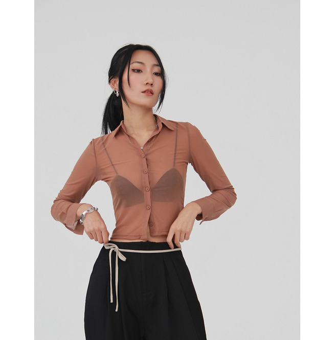 Sheer Button Up Shirt Beige | RebelsMarket