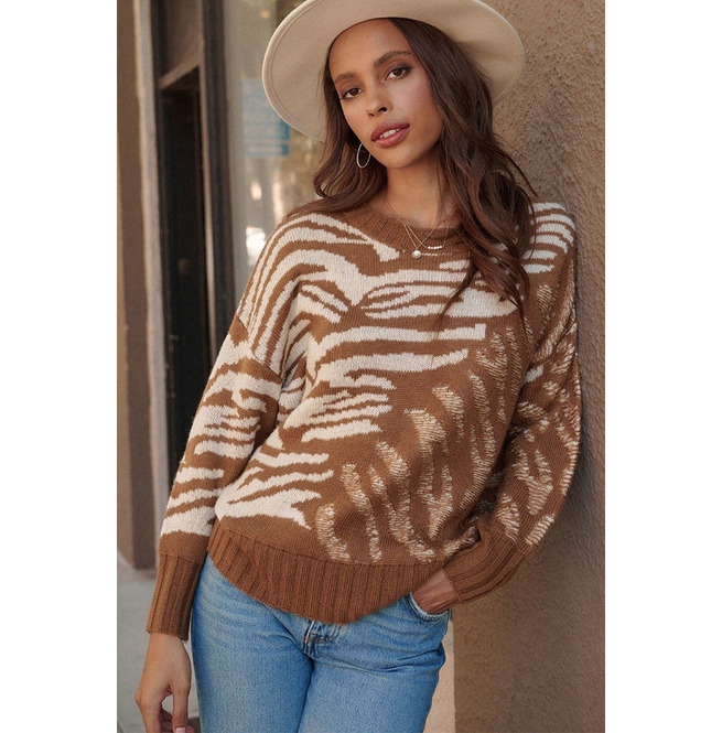 Women's Cozy Zebra Print Camel Pullover Sweater RebelsMarket