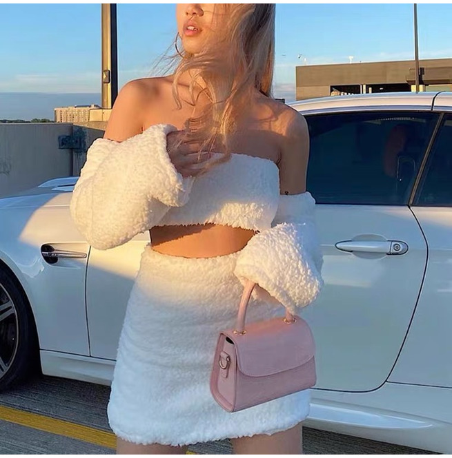White Furry Bandeau Y2K Top Mini Skirt 