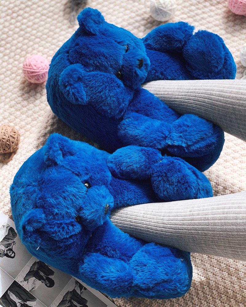 Dark Blue Fluffy Teddy Bear Slippers FashionSprout RebelsMarket