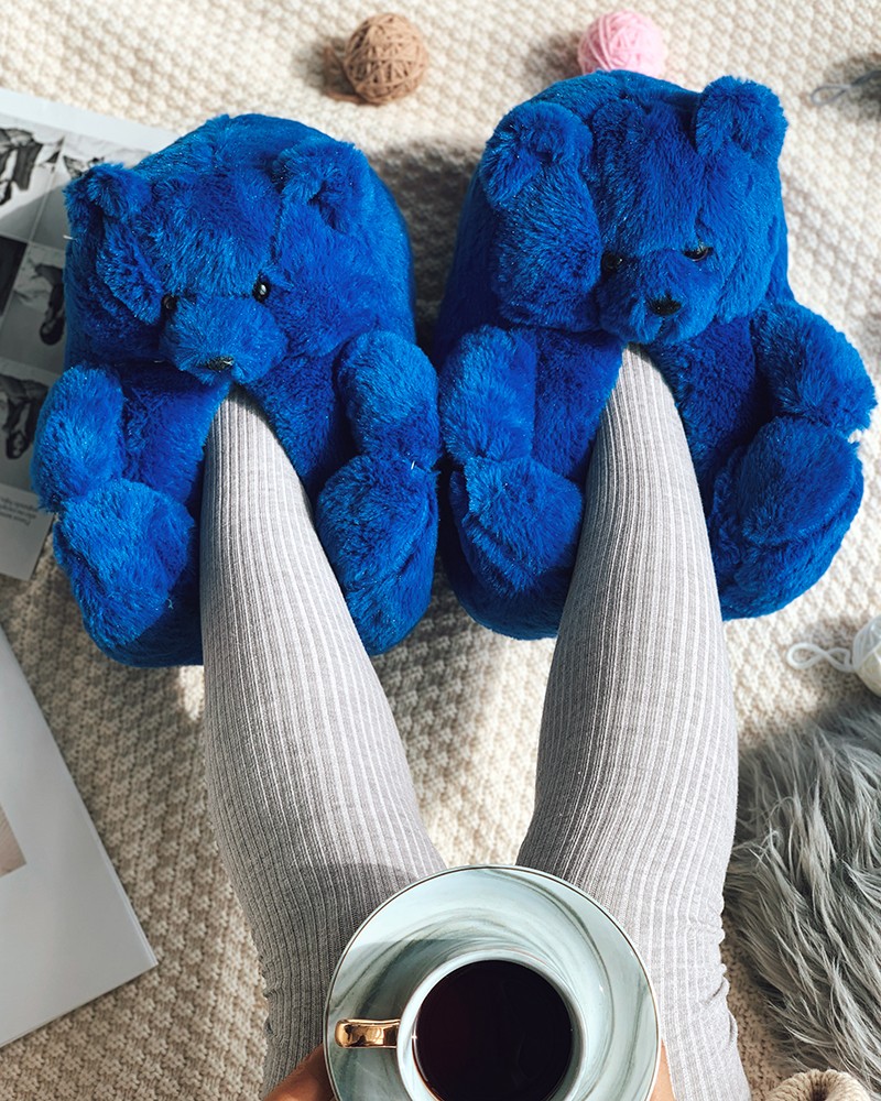 Dark Blue Fluffy Teddy Bear Slippers FashionSprout RebelsMarket