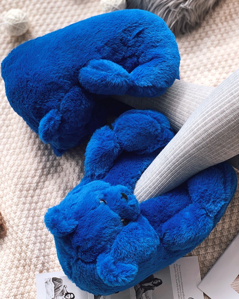 Dark Blue Fluffy Teddy Bear Slippers FashionSprout RebelsMarket