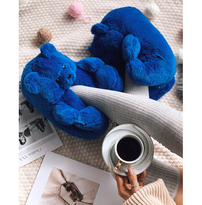 Women's Dark Blue Fluffy Teddy Bear Polyester Loafers & RebelsMarket