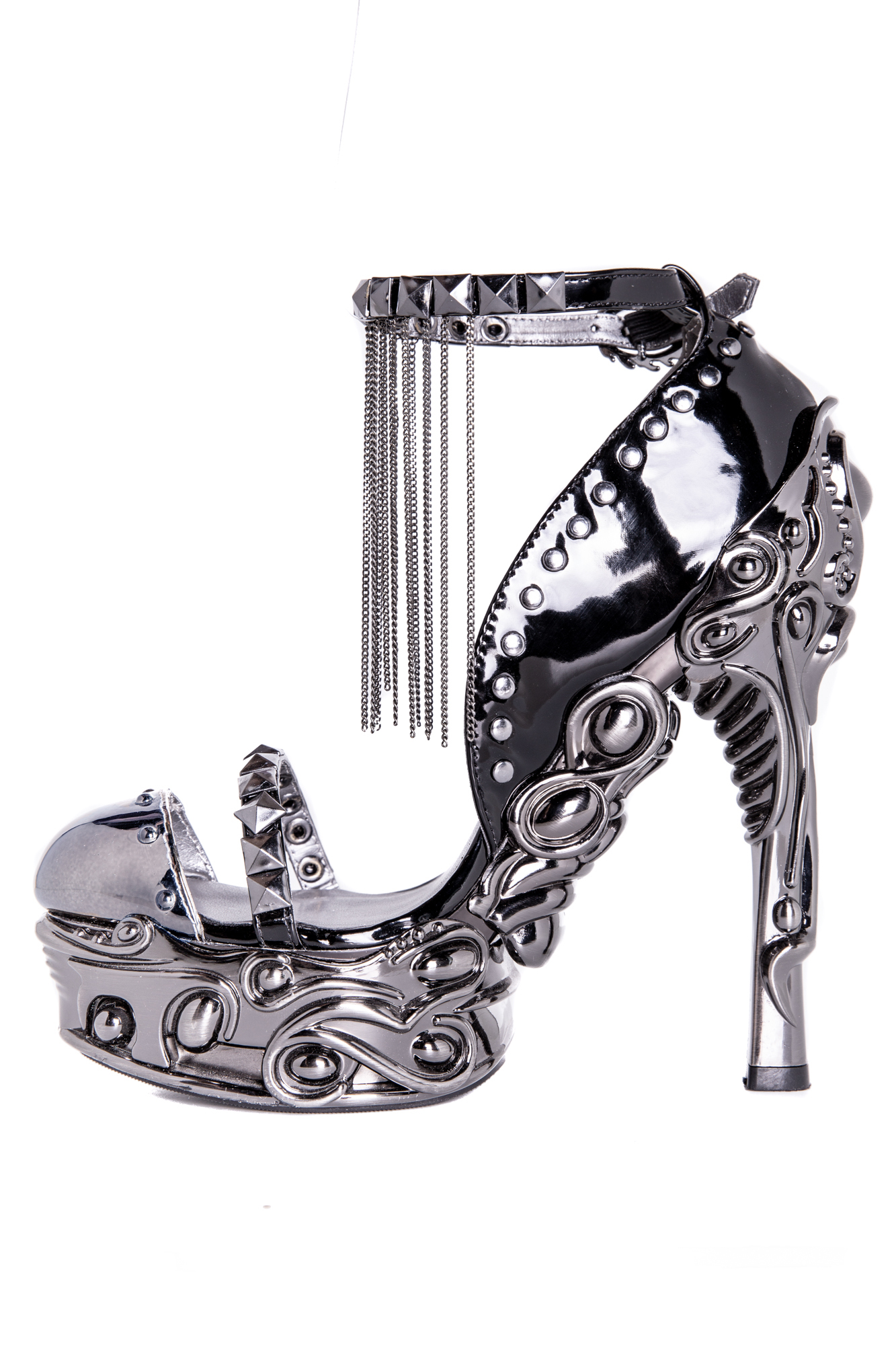 Black Chain Ankle Strap Round Toe Studded Pump Heels RebelsMarket