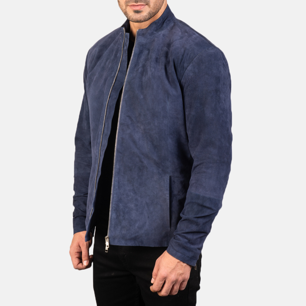 Men Navy Blue Suede Bomber Jacket Men Slim Fit Classic RebelsMarket