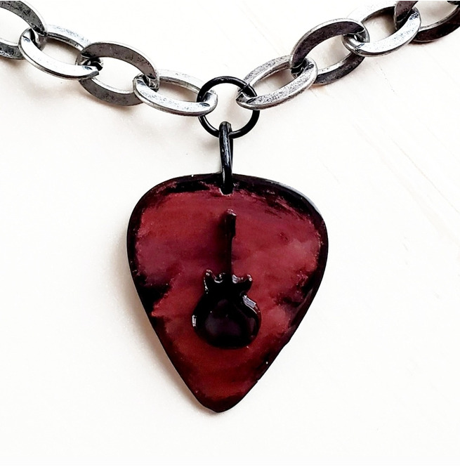 Guitar Pick Chain Necklace Metallic Red and Black RebelsMarket