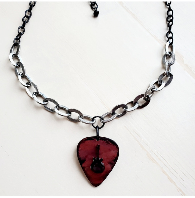 Guitar Pick Chain Necklace Metallic Red and Black RebelsMarket