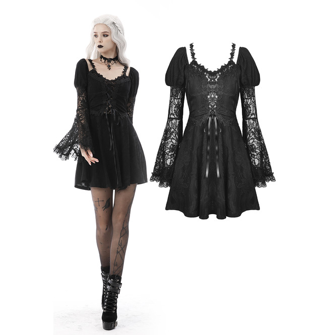Gothic Fake Two Pieces Trumpet Lace Sleeves Black Mini RebelsMarket