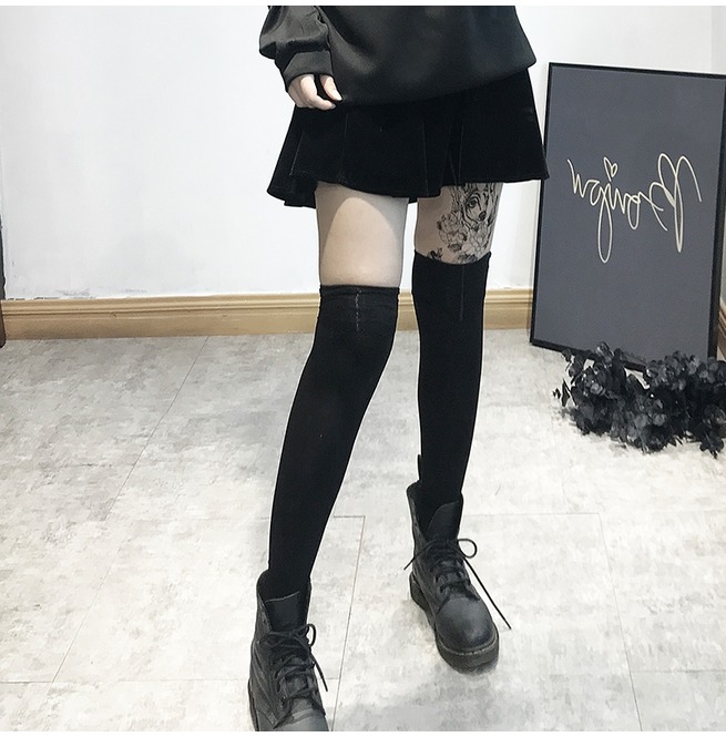 Gothic Black Fleece Thigh High Socks FashionSprout RebelsMarket