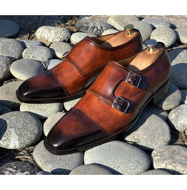 Handmade Men Brown Leather Double Monk 