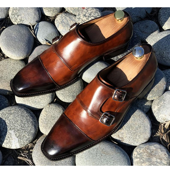 Handmade Men Brown Leather Double Monk 