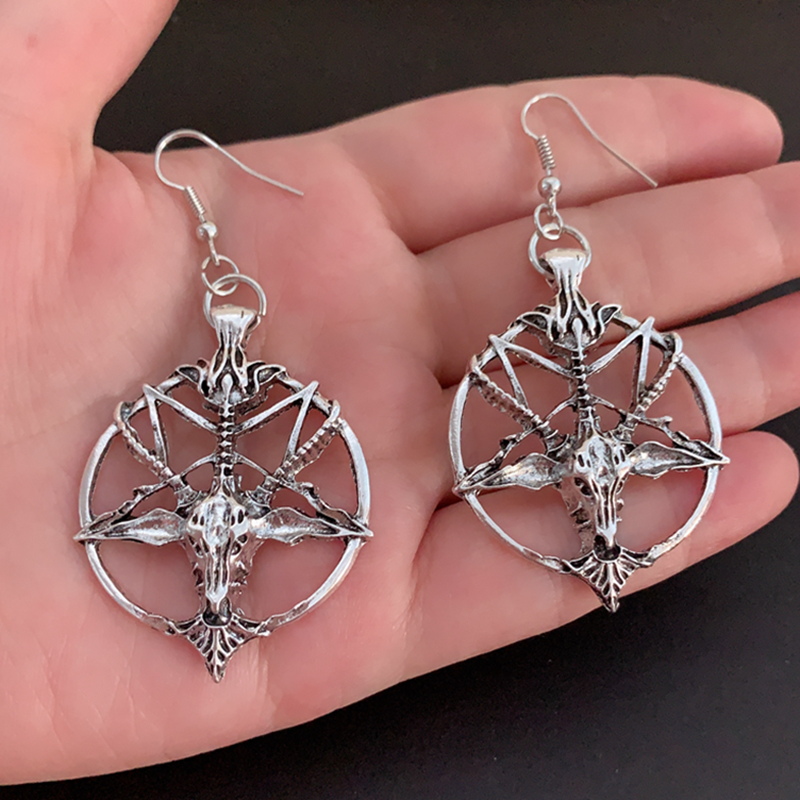 Black Goth Pentagram Baphomet Head Round Earrings RebelsMarket