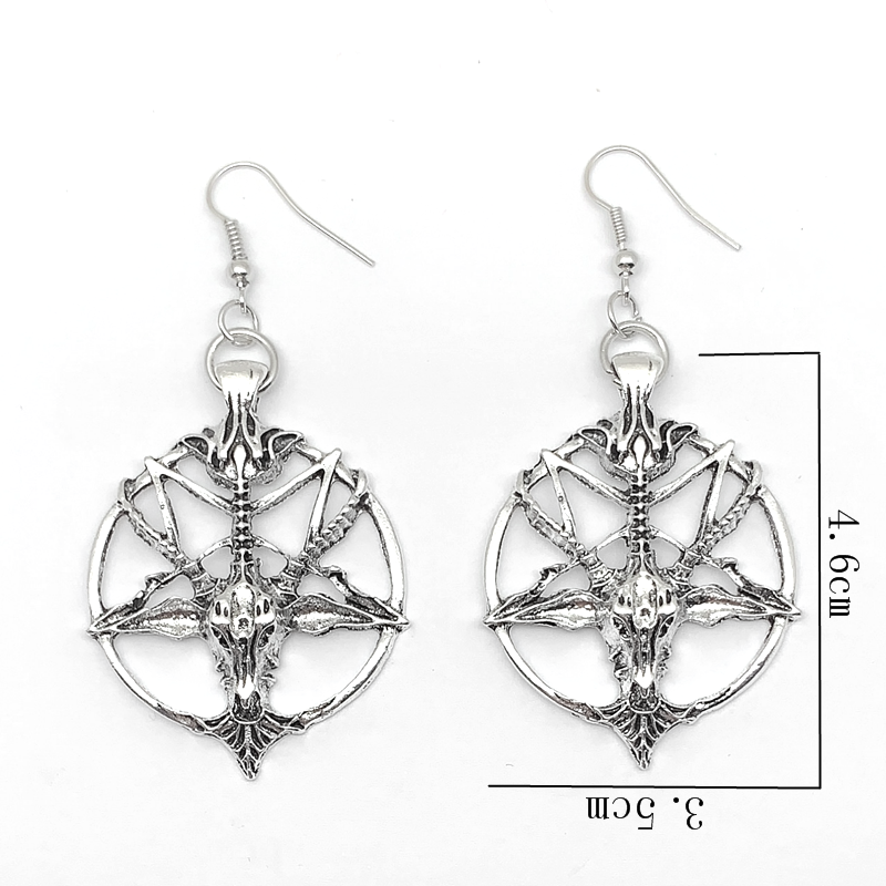 Black Goth Pentagram Baphomet Head Round Earrings RebelsMarket