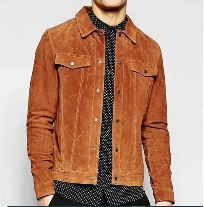 Men Brown Suede Leather Trucker Jacket, Real Brown | RebelsMarket