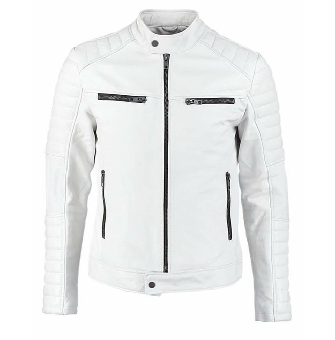 Men White Slim Fit Leather Jacket, Men White Motorcycle RebelsMarket