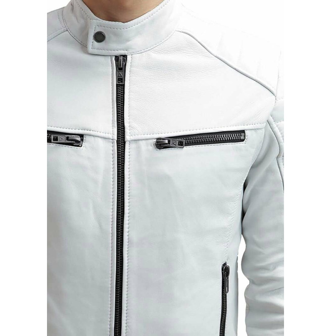 Men White Slim Fit Leather Jacket, Men White Motorcycle RebelsMarket