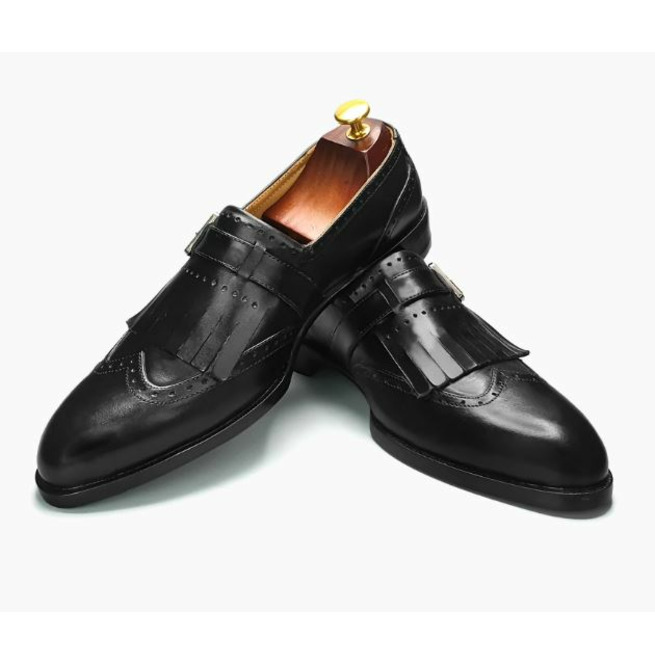 Handmade Mens Black Dress Shoes, Men Fringe Buckle RebelsMarket