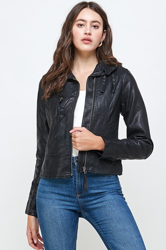 Peace of mind black vegan leather moto jacket hotsell