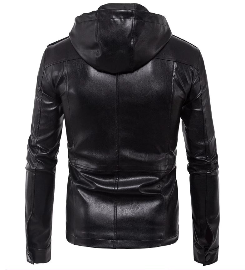 Men Black Slim Fit Hooded Biker Jacket, Real Leather RebelsMarket