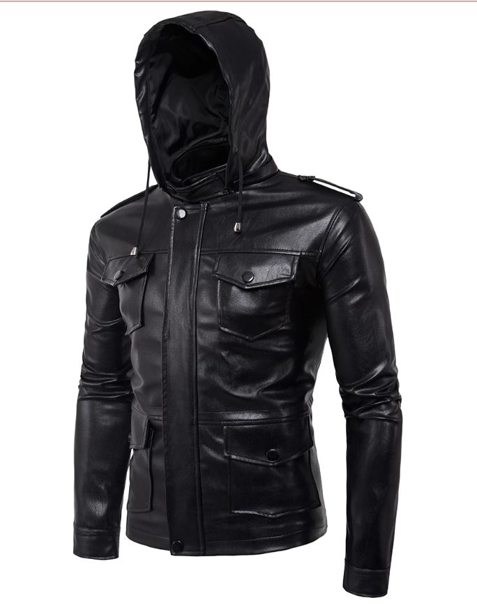 Men Black Slim Fit Hooded Biker Jacket, Real Leather RebelsMarket