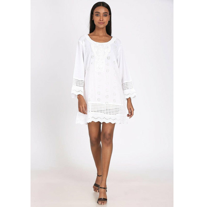 Schiffli Cotton Short Dress In White RebelsMarket