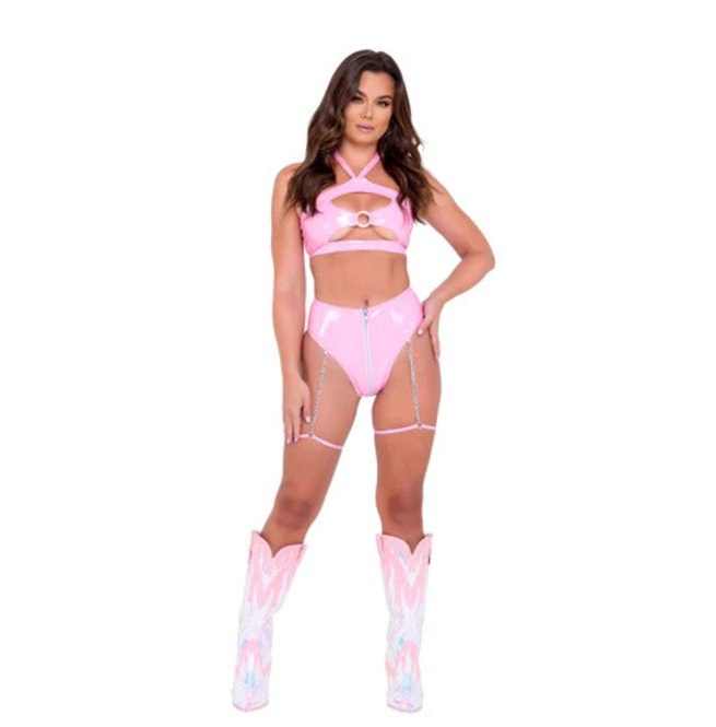 High Waisted Vinyl Zip Up Shorts With Chain Garters RebelsMarket