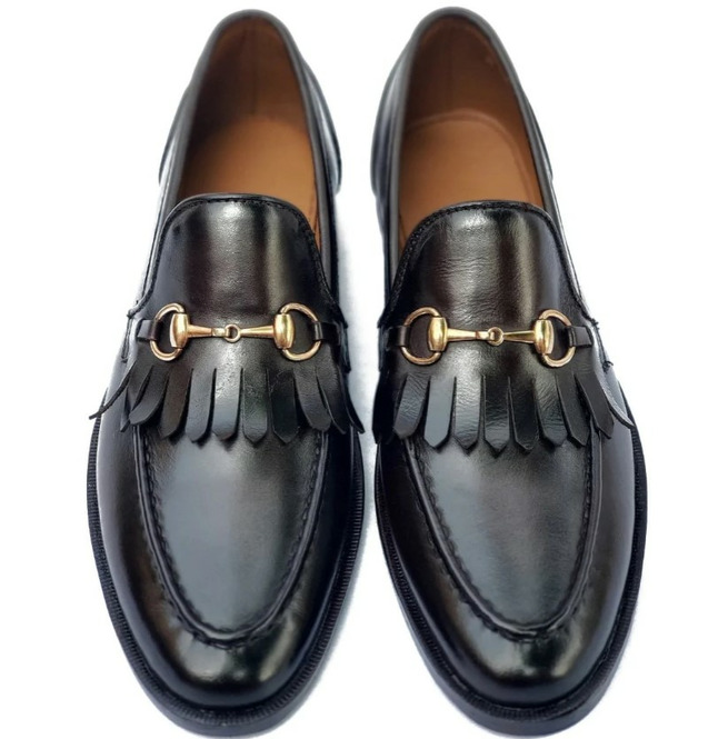 Handmade Men Black Leather Fringe Loafer Moccasins, Men RebelsMarket