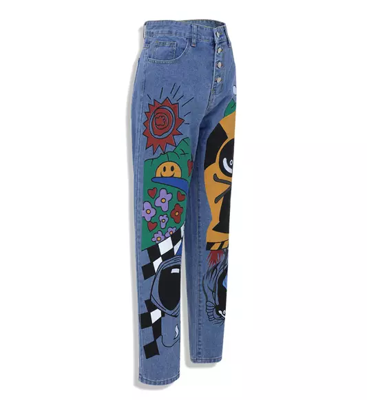 Kidcore Cartoon Printed High Waist Jeans | RebelsMarket
