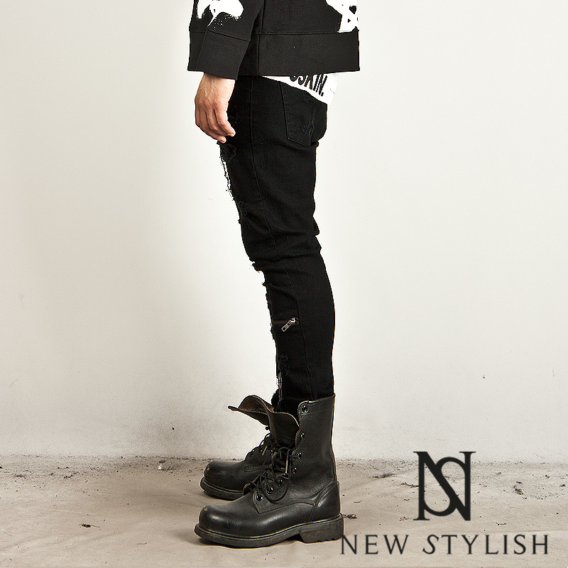 Zipper Accent Coated Black Distressed Slim Jeans 149 96298