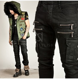 Double Zipper Accent Pintuck Cargo Coated Black Slim Jeans 170 Double Zipper Accent Pintuck Cargo Coated Black Slim Jeans 170