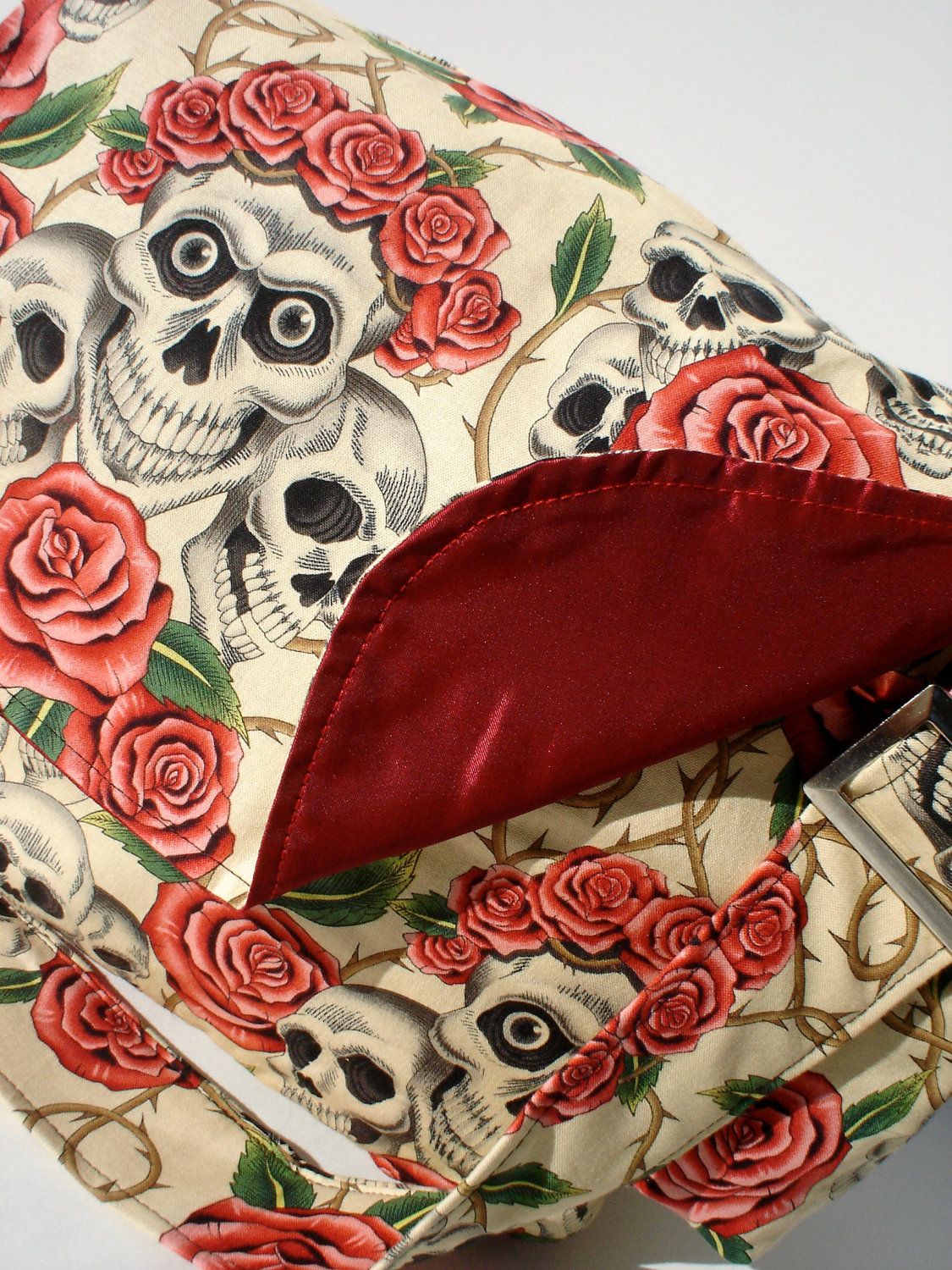 Skulls, Roses, And Thorns Messenger Bag, Beige RebelsMarket