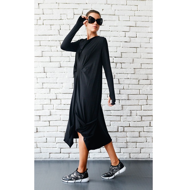 Plus Size Sweatshirts With Thumb Holes Tunic dress with large cowl style hood and extra long thumb hole sleeves. Super soft, medium weight, Black cotton spandex jersey. Exposed seam/rolled hem details run down the sleeves. This is the ORIGINAL design. **A company in China stole my photos of this tunic dress.