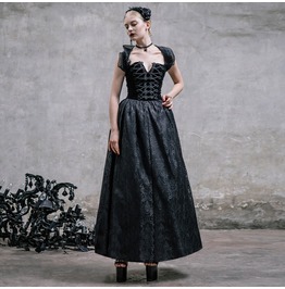 Devil Fashion Gothic Black Brocade Rockabilly Retro Lace Long Dress 006 Devil Fashion Gothic Black Brocade Rockabilly Retro Lace Long Dress 006