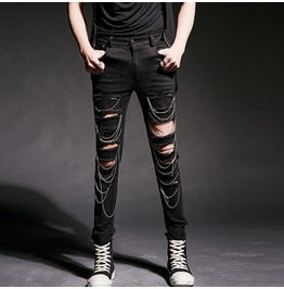 C&F Black Collection Gothic Chain Pants Ripped Skinny Straight Trousers C&F Black Collection Gothic Chain Pants Ripped Skinny Straight Trousers
