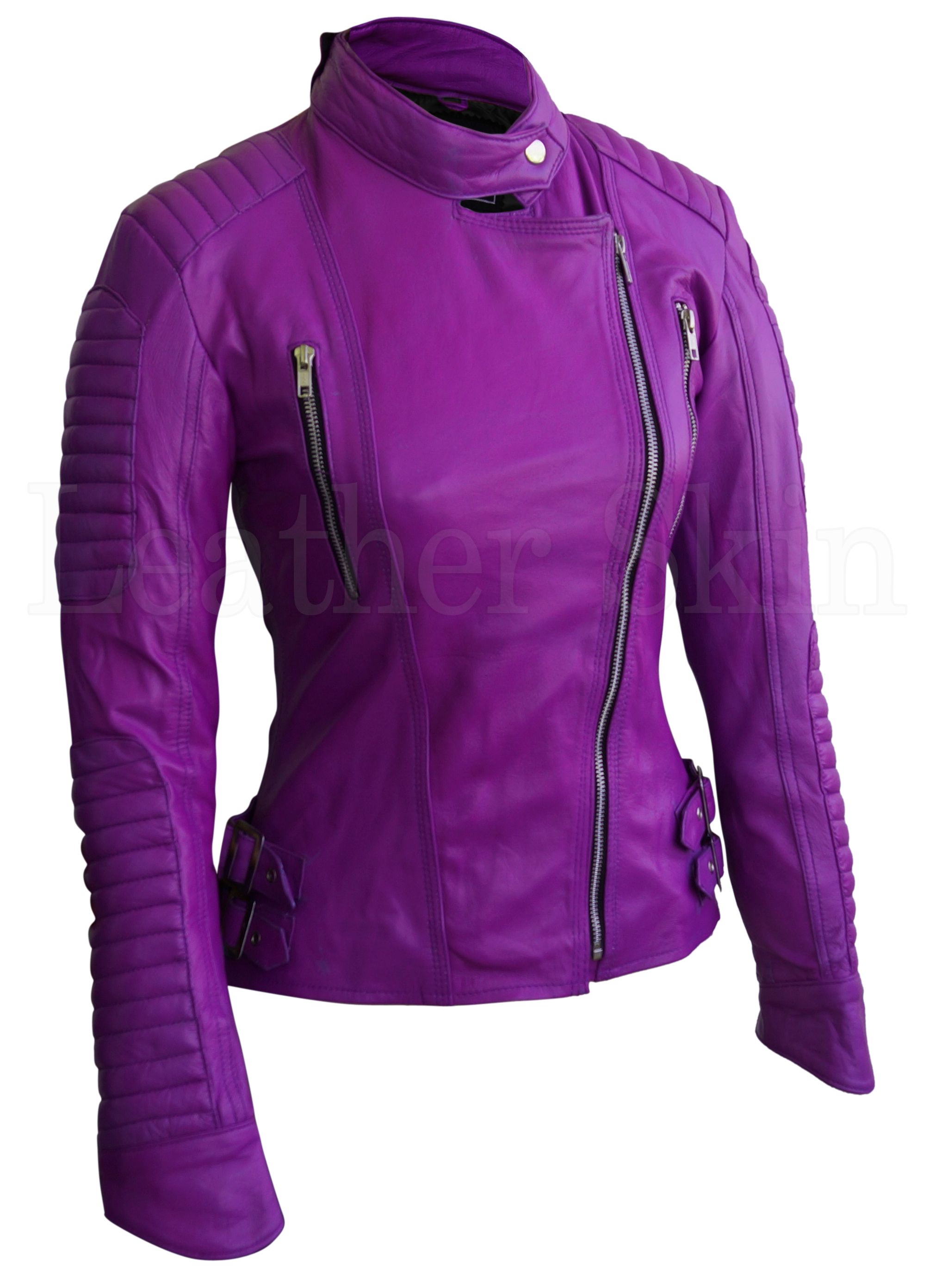 Women Purple Brando Padded Genuine Leather Jacket RebelsMarket