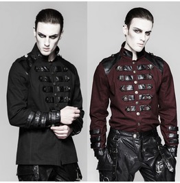 Mens Black Or Dark Red W Vegan Leather Trim Visual Kei Military Goth Shirt Mens Black Or Dark Red W Vegan Leather Trim Visual Kei Military Goth Shirt