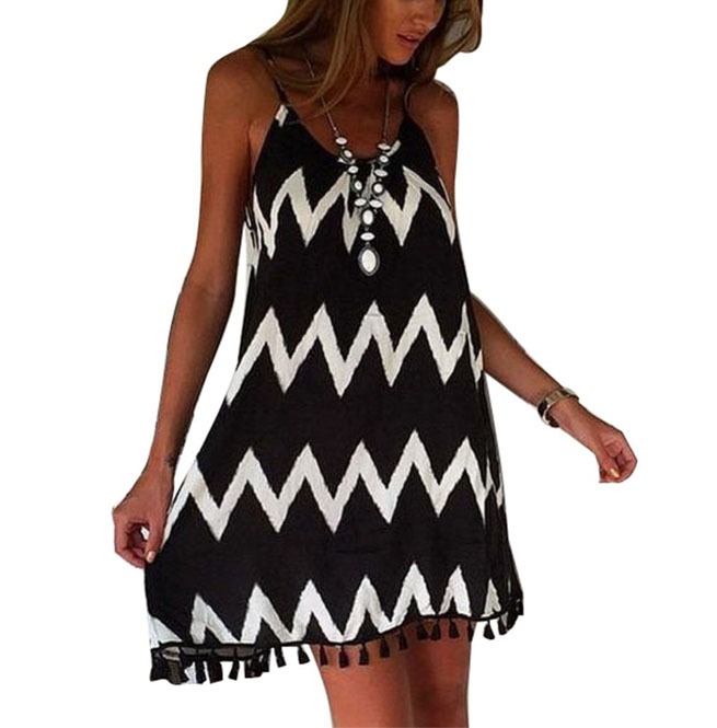 Women's Vestido Loose Chiffon Wave Striped Tassel Top RebelsMarket