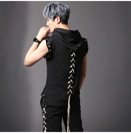 Mens Punk Rock Rope Lace Up Style Sleeveless Hooded T Shirts Mens Punk Rock Rope Lace Up Style Sleeveless Hooded T Shirts