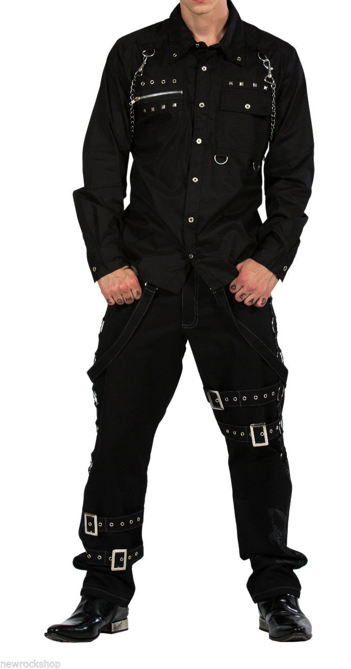 Men Gothic Shirt Punk Rock Cotton Shirt With Metal Studs And Chains