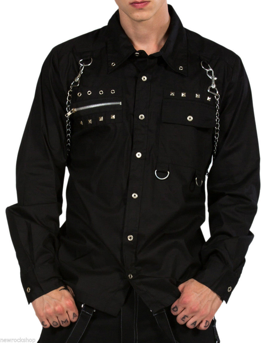 Men Gothic Shirt Punk Rock Cotton Shirt With Metal Studs And Chains
