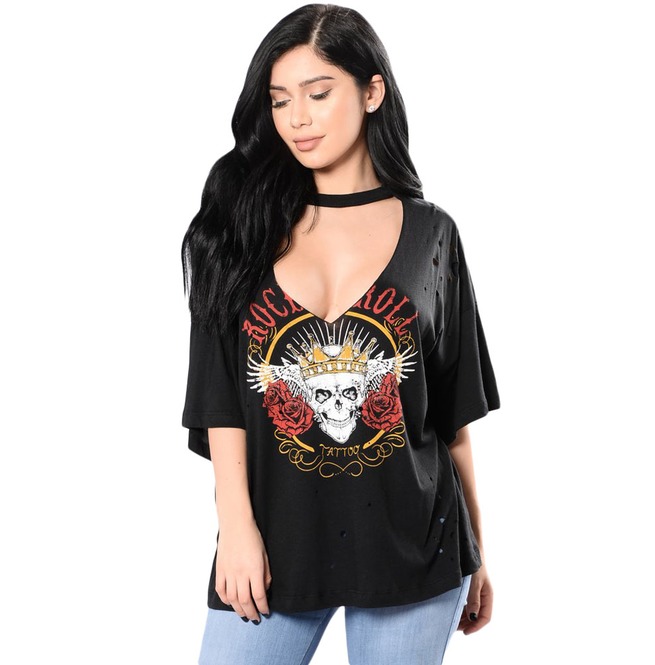 Black Rock And Roll Skull Print Distressed Top Choker | RebelsMarket