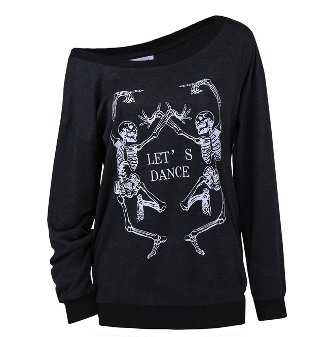 Punk Let's Dance Skeletons Black Off The Shoulder Long Sleeve T